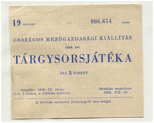 1956. Sorsjegy az Orsz. Mezőgazdasági Kiállítás tárgysorsjátékára, 3 Ft