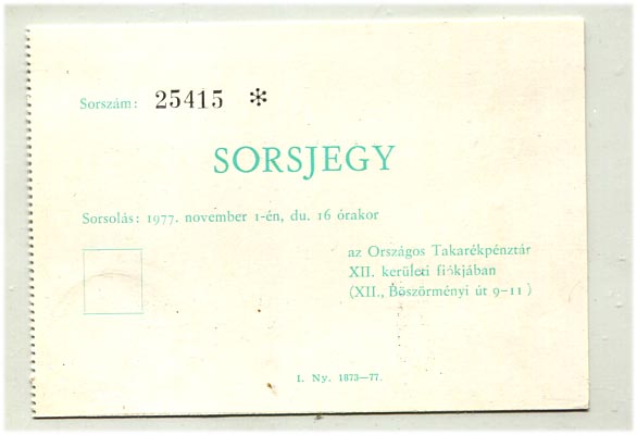 1977. Világtakarékossági Nap sorsjegy (Budapest XII. ker.)