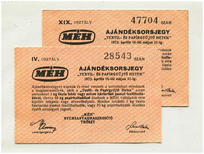 1973. 2 db MÉH ajándéksorsjegy, textil- és papírgyűjtő hetek