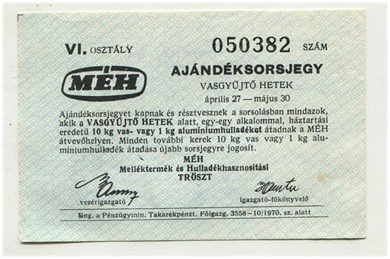 1970. MÉH ajándéksorsjegy, Vasgyűjtő Hetek