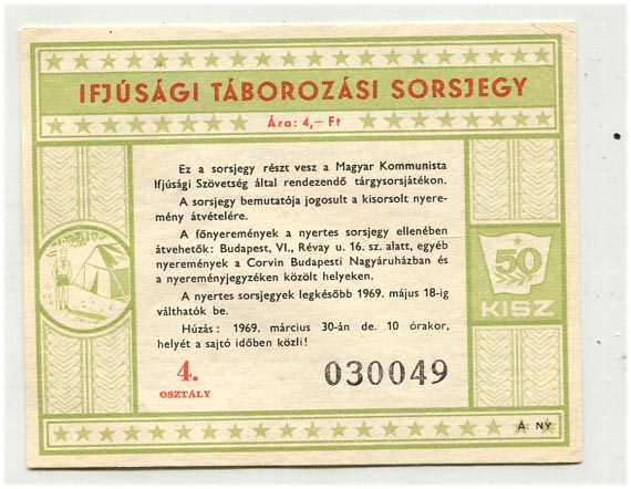 1969. Ifjúsági táborozási sorsjegy, 4 Ft