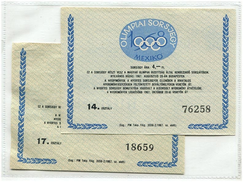 1967. 2 db Olimpiai sorsjegy (Mexikó), 4 Ft