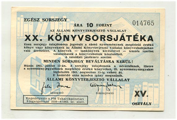 1965. Sorsjegy a XX. könyvsorsjátékra, 10 Ft