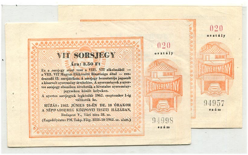 1962. 2 db VIT sorsjegy (VIII. VIT), 3,50 Ft