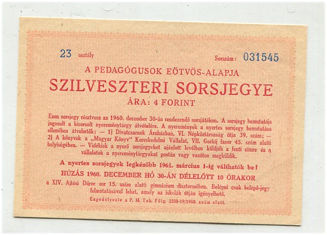 1960. Eötvös-Alap szilveszteri sorsjegye, 4 Ft