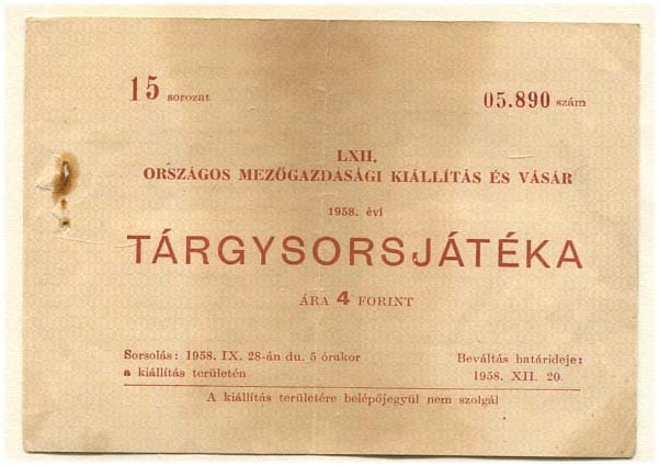 1958. Sorsjegy az Orsz. Mezőgazdasági Kiállítás és Vásár tárgysorsjátékára, 4 Ft