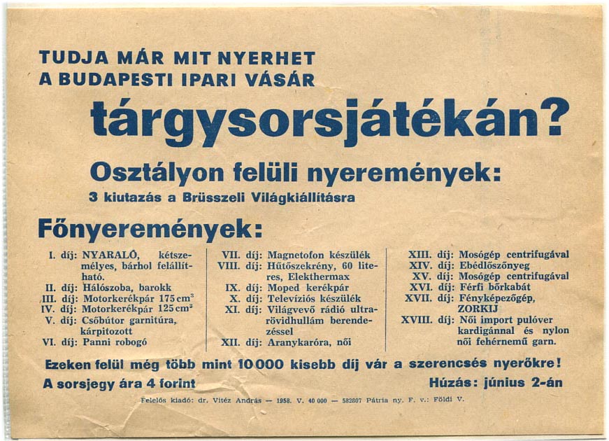 1958. A Budapesti Ipari Vásár tárgysorsjátékának játékterve