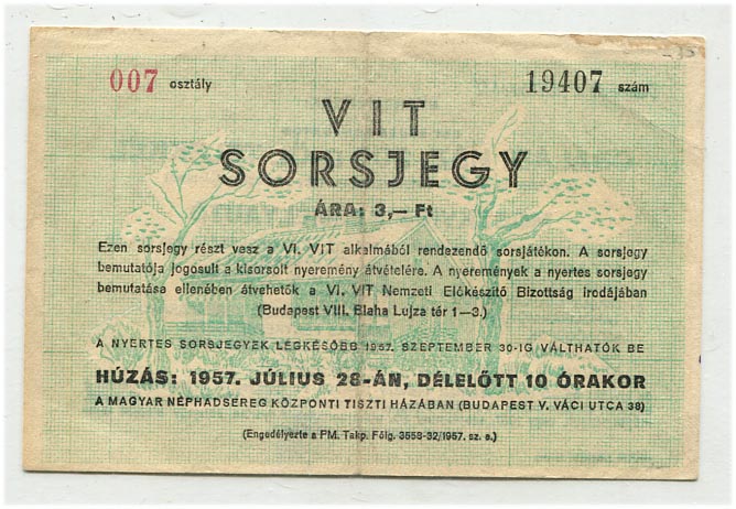 1957. VIT sorsjegy, 3 Ft