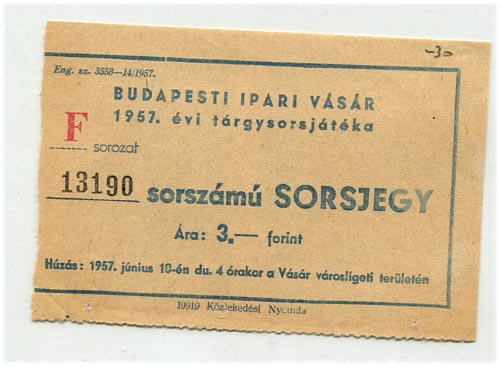 1957. Budapesti Ipari Vásár sorsjegy, 3 Ft