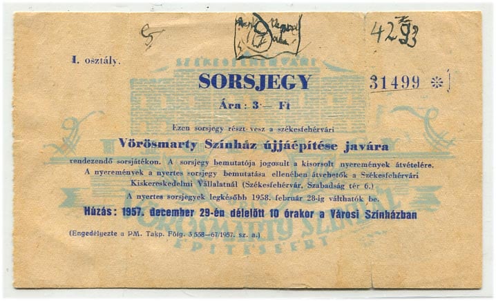 1957. Sorsjegy a Vörösmarty Színház újjáépítése javára, 3 Ft