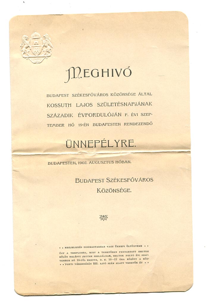 1902. Budapest. Meghívó Kossuth Lajos születésnapjának 100. évfordulóján rendezendő ünnepélyre.