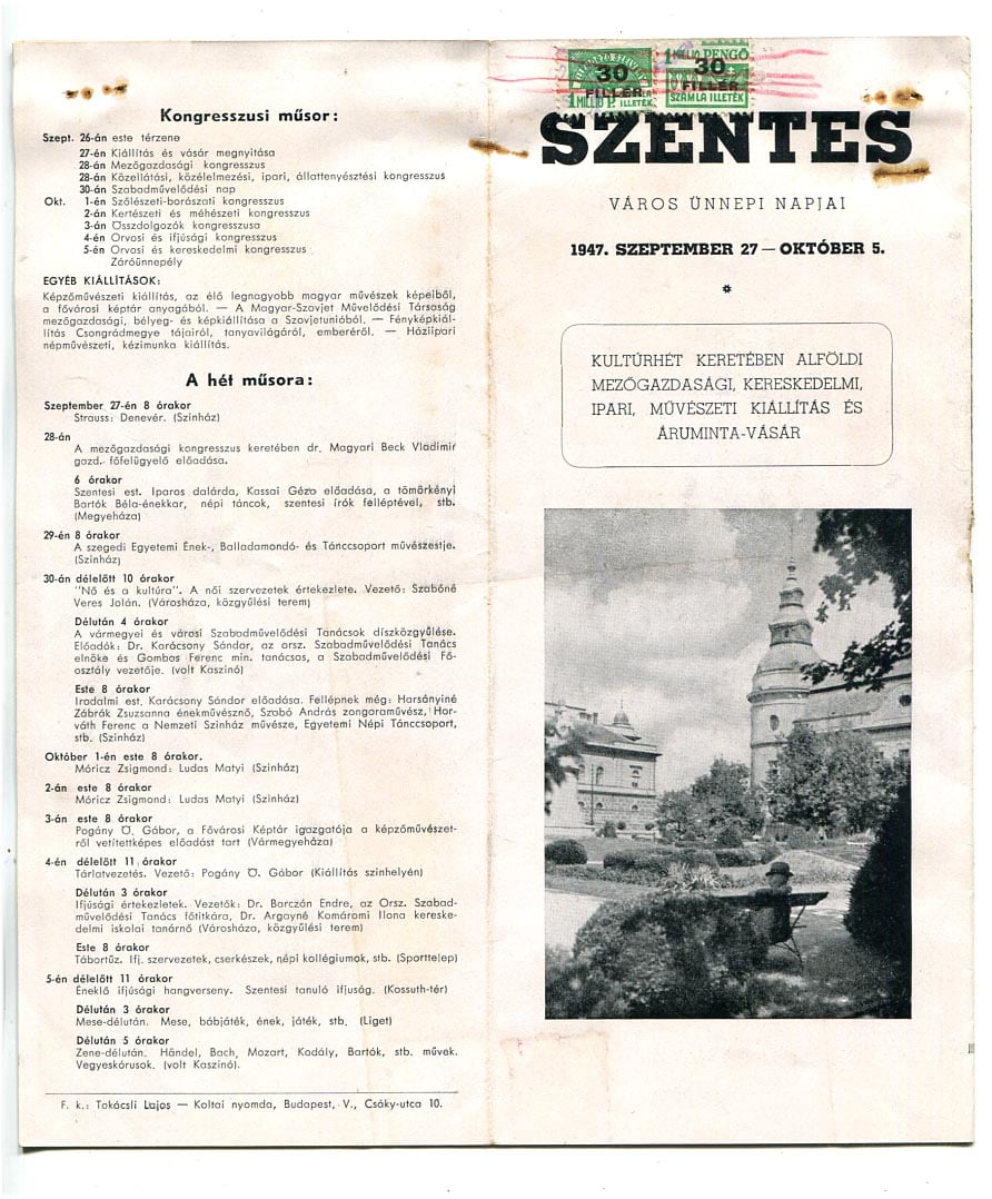 1947.szept.-okt. Szentes város ünnepi napjai c. rendezvénysorozat programfüzete