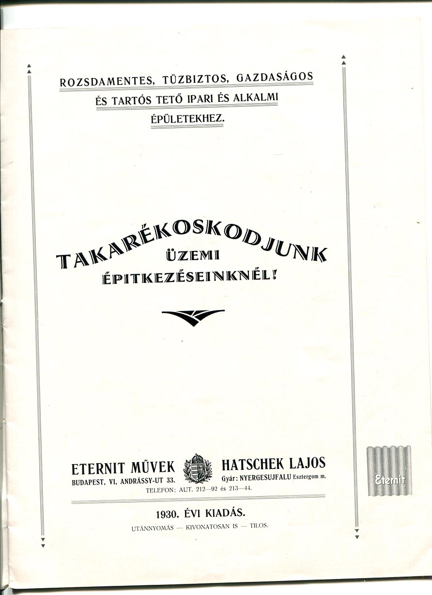 1930. Eternit hullámpala használati útmutató, 20 p