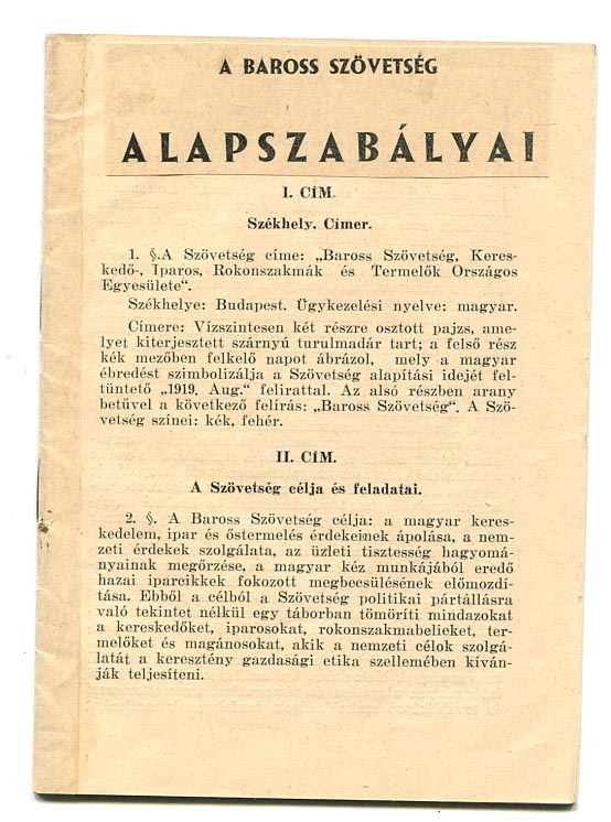 1935. A Baross Szövetség alapszabályai. 26 p