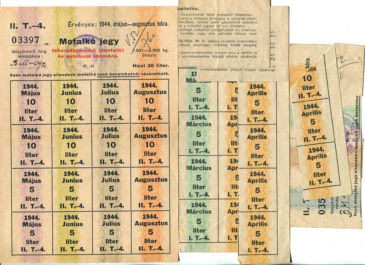 1944. Motalkó jegytömb + 3 hiányos jegytömb 5 l-es szelvényekkel