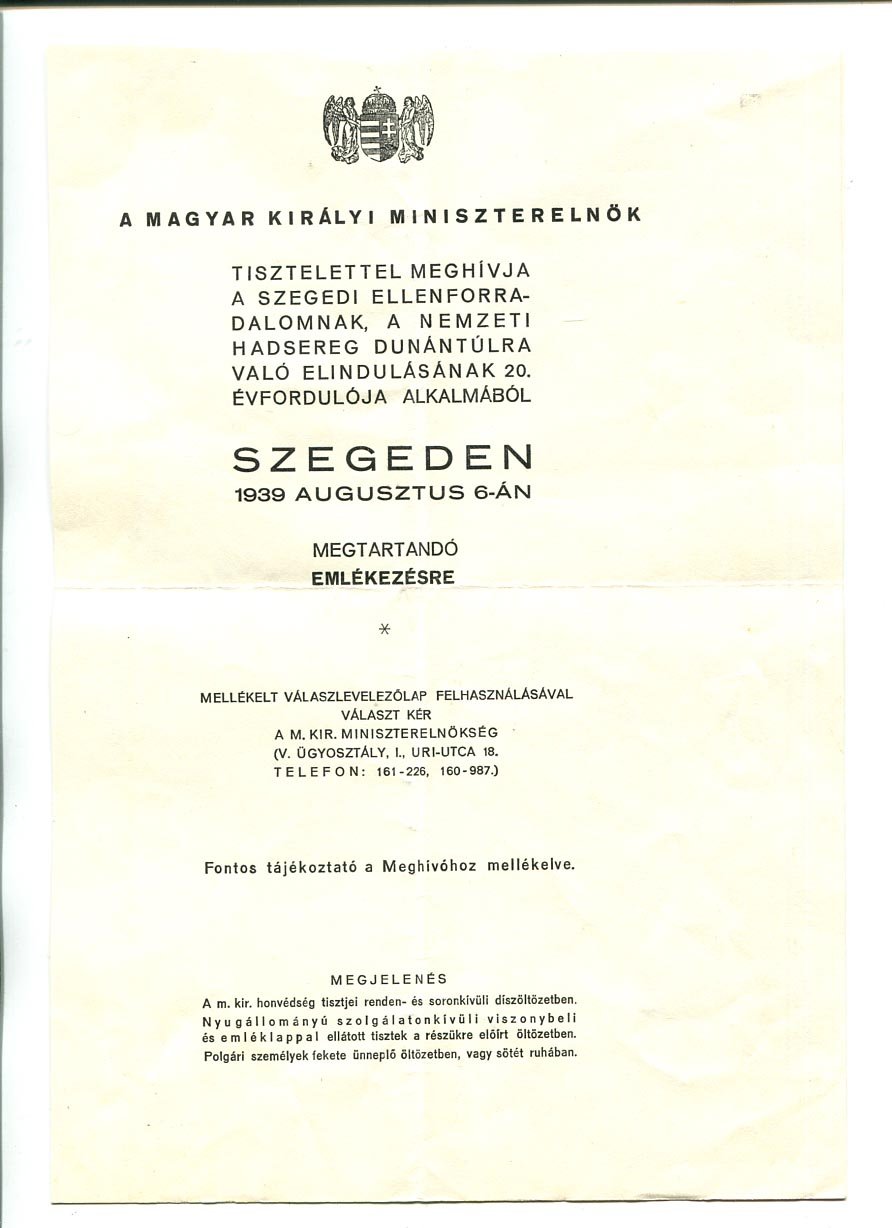 1939. Szeged. Meghívó a szegedi ellenforradalom, a Nemzeti Hadsereg Dunántúlra való elindulásának 20. évfordulója alkalmából tartandó emlékezésre.