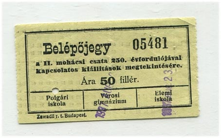 1937. Belépőjegy a II. mohácsi csata 250. évfordulójával kapcsolatos kiállításokra