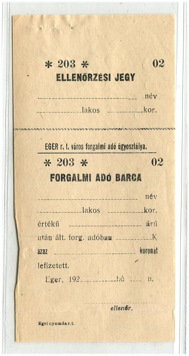 Eger város kitöltetlen forgalmi adó bárcája az 1920-as évekből