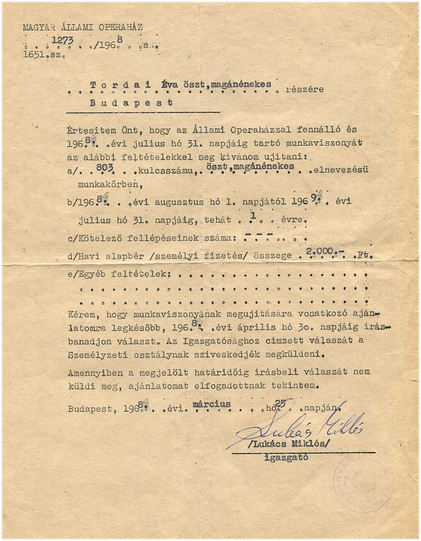 1968. Lukács Miklós Kossuth-díjas karmester, Operaház igazgatója által aláírt irat