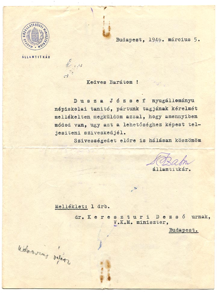 1946. Szabon János államtitkár, közgazdász által aláírt levél