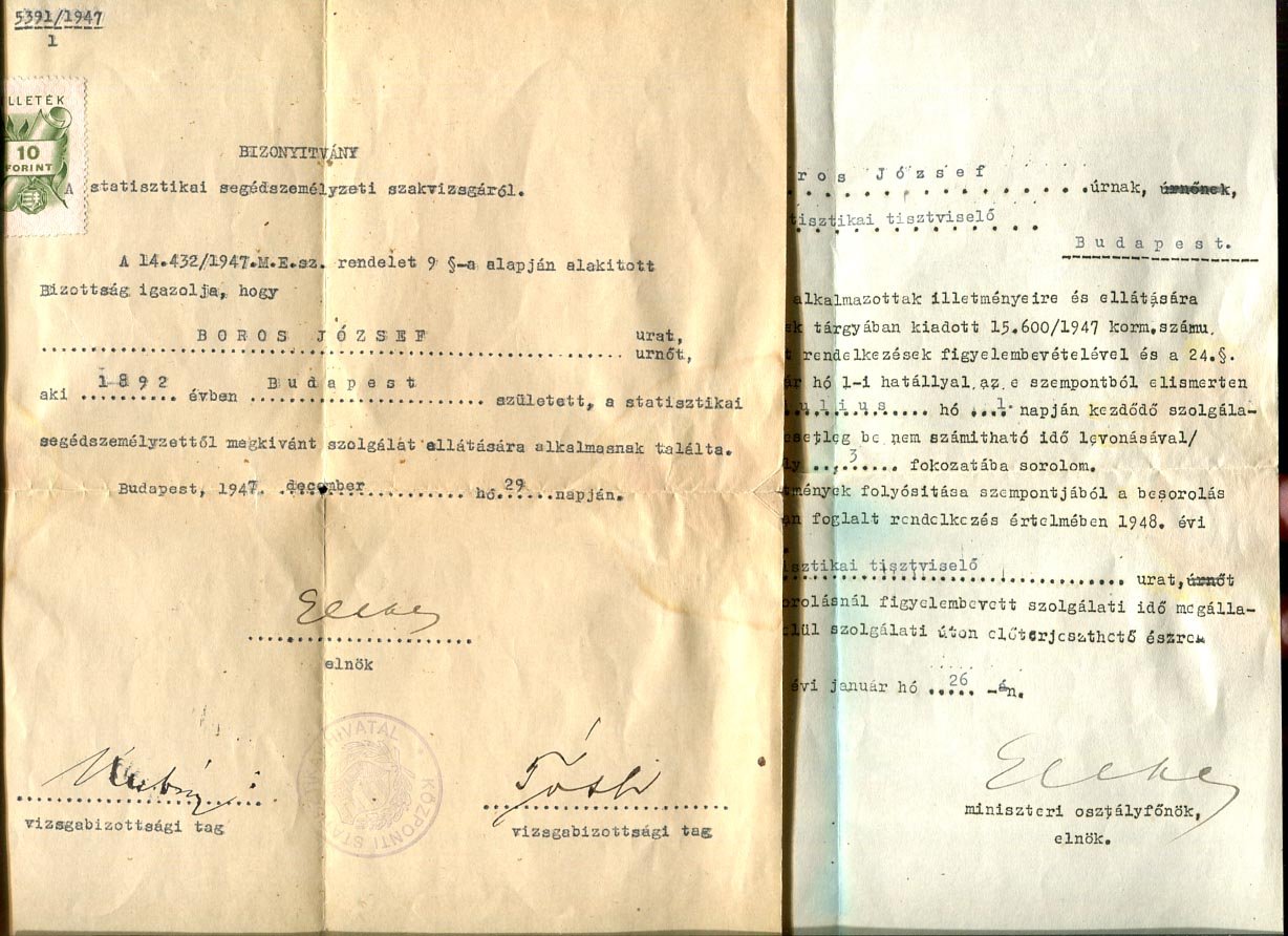 1947-48. Elekes Dezső KSH-elnök által aláírt okiratok (3 db)