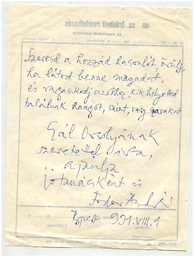 1991. Fodor András Kossuth-díjas költő által írt dedikáció