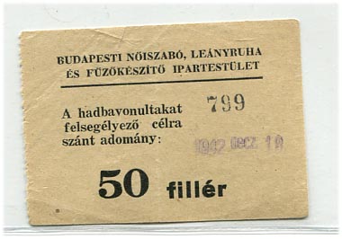 Adományjegy a hadbavonultakat felsegélyező célra, 50 f, 1942.dec.