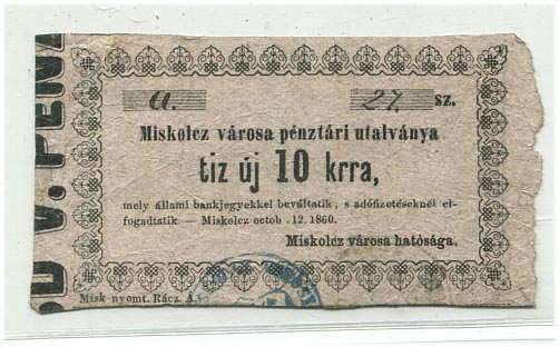 Miskolc város utalványa 1860. – 10 kr