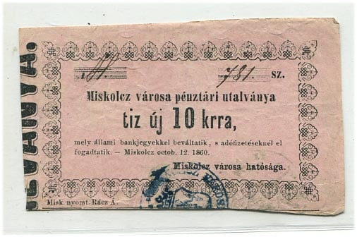 Miskolc város utalványa 1860. – 10 kr, 