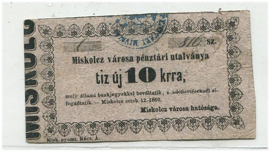 Miskolc város utalványa 1860. – vastag 10 kr