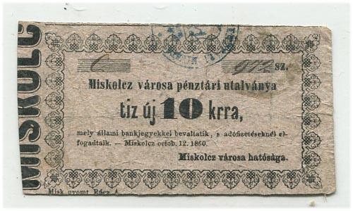 Miskolc város utalványa 1860. – vastag 10 kr, 