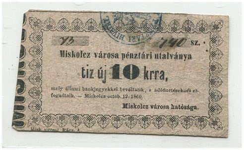 Miskolc város utalványa 1860. – vastag 10 kr, 