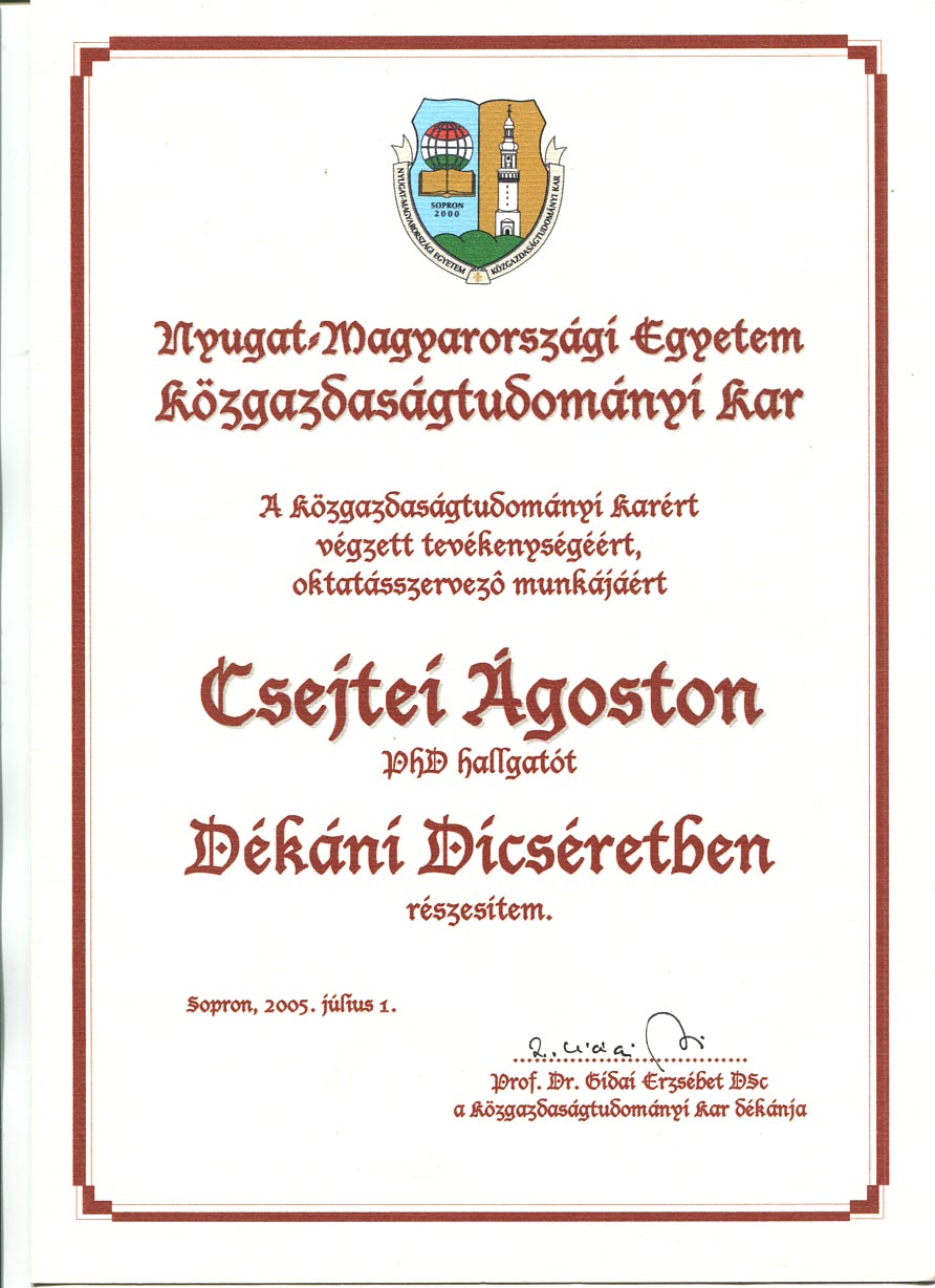 2005. Gidai Erzsébet közgazdász, prof., képviselő által aláírt oklevél