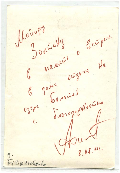 1972. Filipcsenko szovjet űrhajós által Major Zoltánnak dedikált fotó, egy balatoni üdülőben történt találkozásuk alkalmából