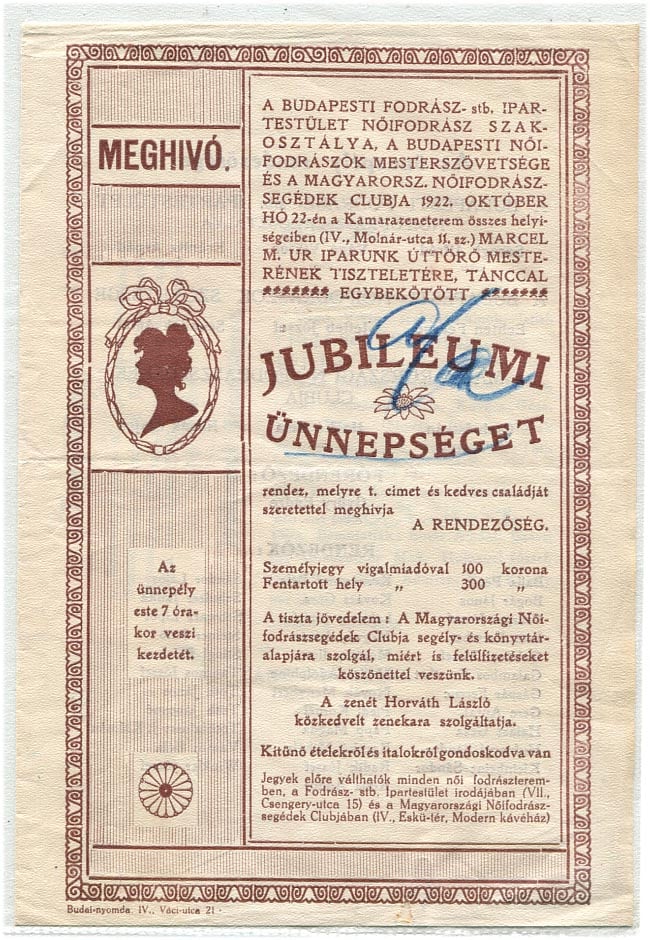 1922. Meghívó a Bp-i Fodrász- stb. Ipartestület Nőifodrászok Mesterszövetsége jubileumi ünnepségére