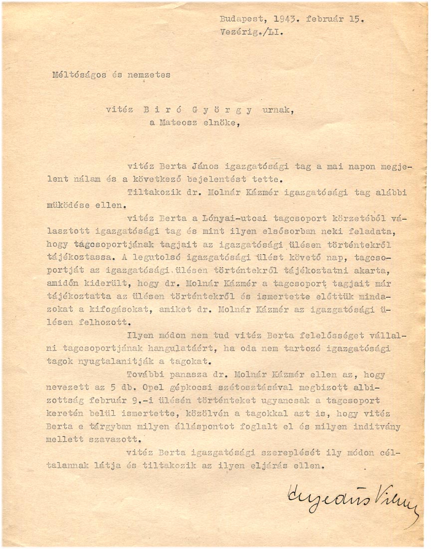 1943. Panaszlevél a Mateosz elnökéhez, az egyik igazgatósági tag helytelennek vélt tevékenységével kapcsolatban