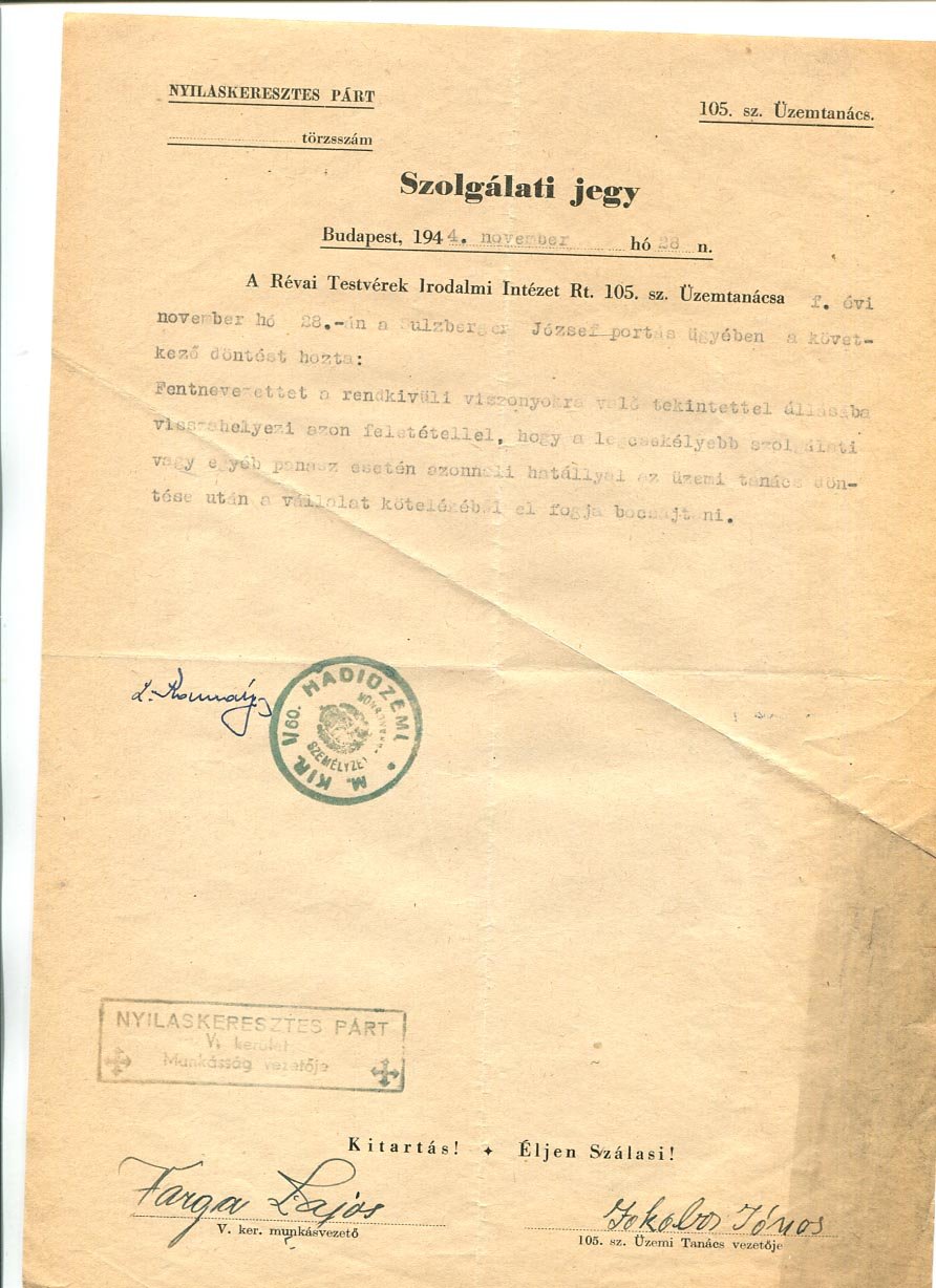 1944. Nyilaskeresztes Párt pecsétes szolgálati jegye egy szolgálatba visszahelyezett portás ügyében