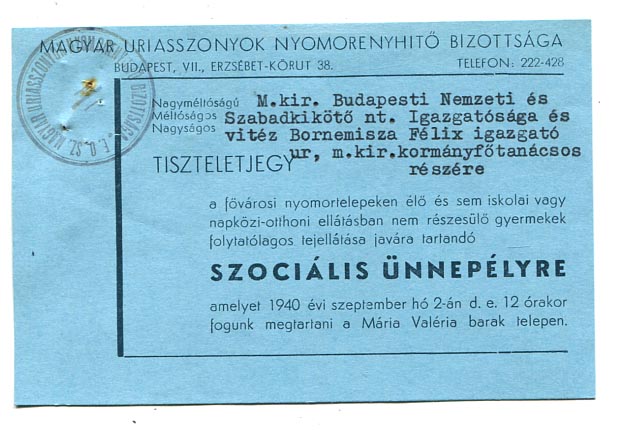 1940. Meghívó a Magyar Uriasszonyok Nyomorenyhítő Bizottsága szociális ünnepélyére