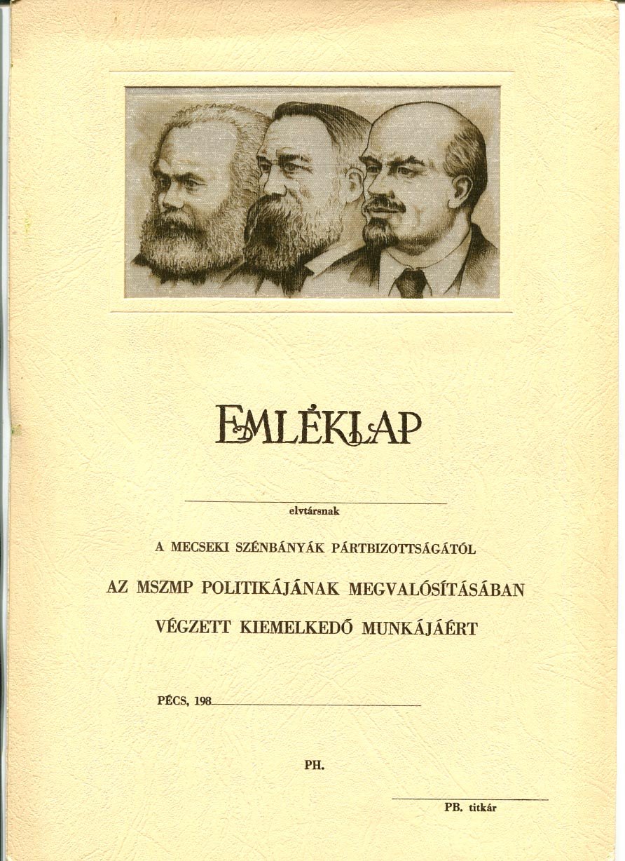 A mecseki Szénbányák Pártbizottságának kitöltetlen emléklapja az 1980-as évekből