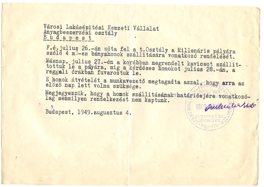 1949. Mateosz panaszlevél késedelmesen szállított homok átvételének megtagadása tárgyában