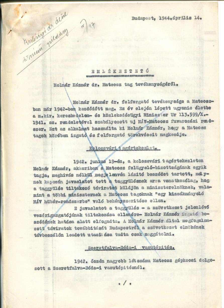 1944. Nyolc oldalas gépelt jelentés egy Mateosz tag felforgató tevékenységével kapcsolatban