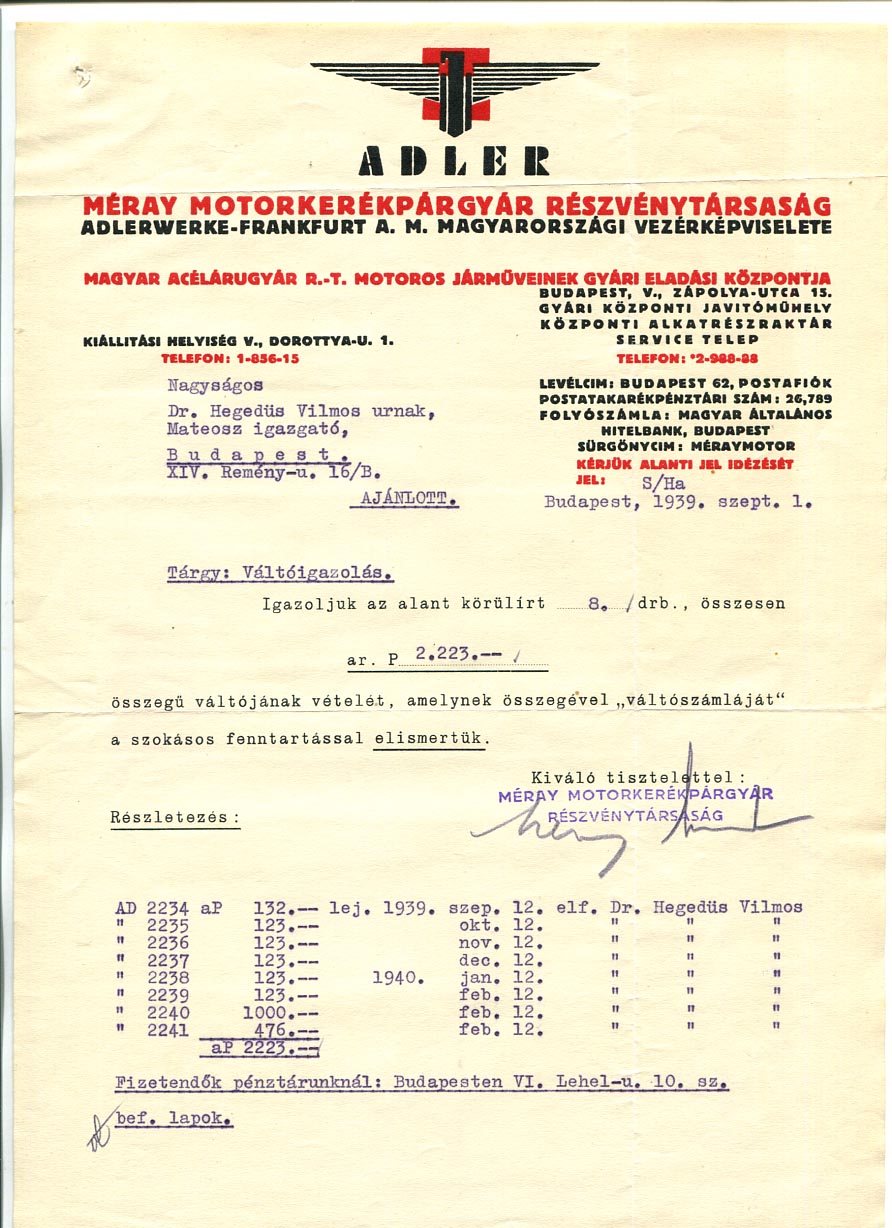 1939. Méray Motorkerékpárgyár Rt. fejléces számla