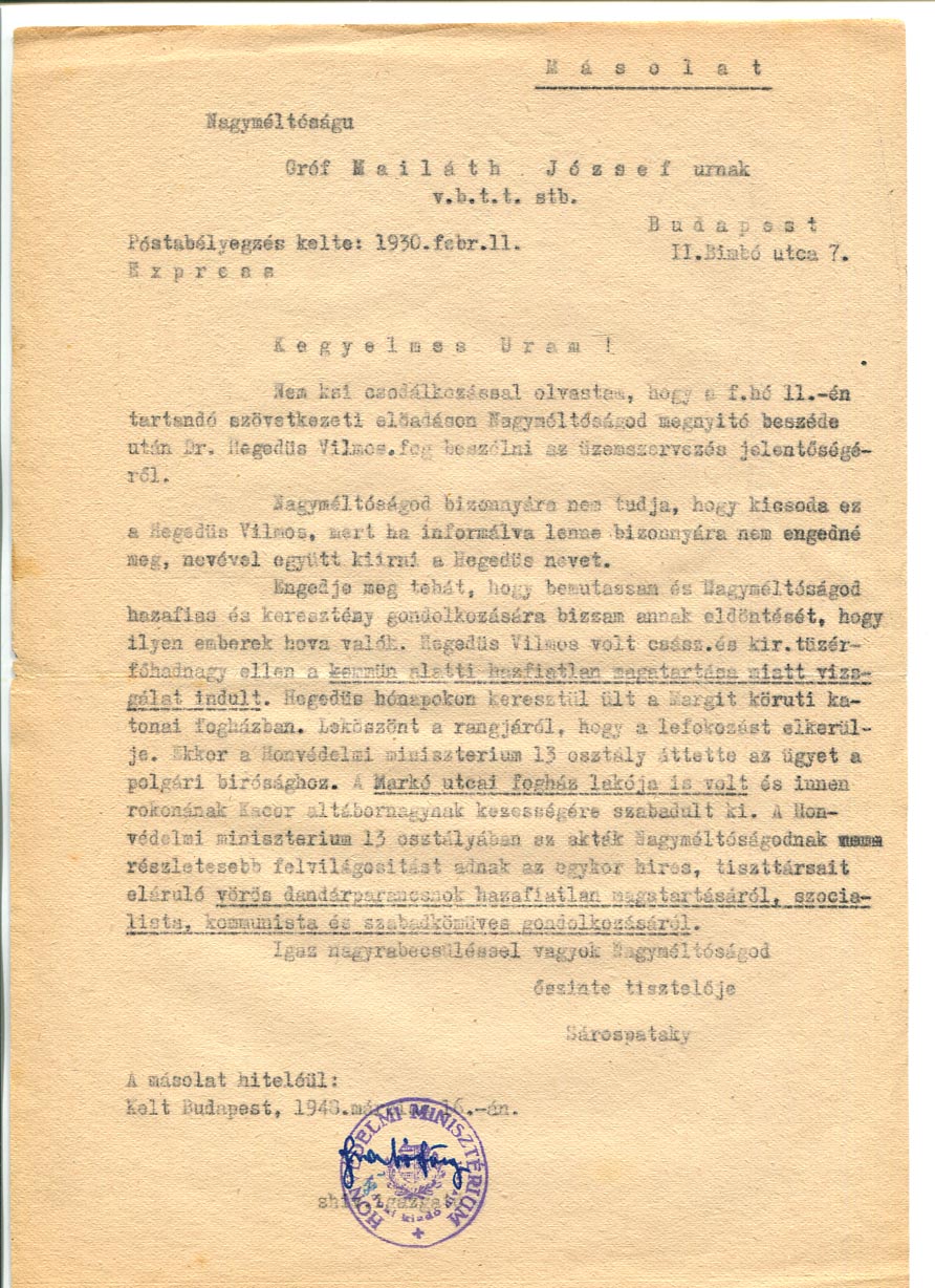 1948. 1930-ban írt levél hivatalos másolata, melyben egy volt vörös dandárparancsnok szocialista, kommunista, szabadkőműves gondolkodásáról tájékoztatnak valakit.