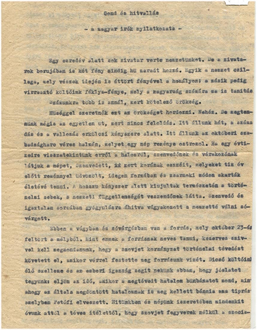 1956.dec.2. Gond és hitvallás – a magyar írók nyilatkozata. 3 gépelt oldal