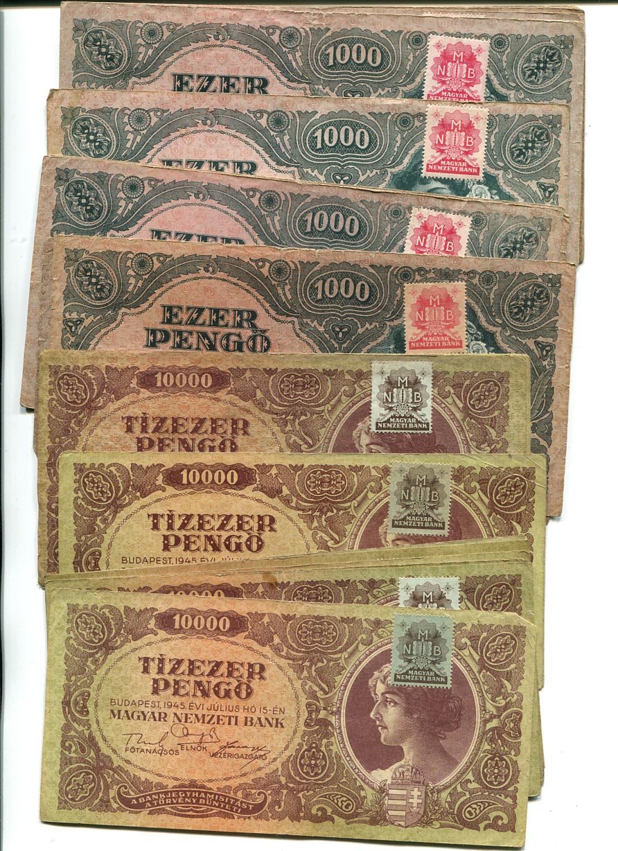 1945. Felülbélyegzett 1000 P (14 db) és 10000 P (17 db) T3-4