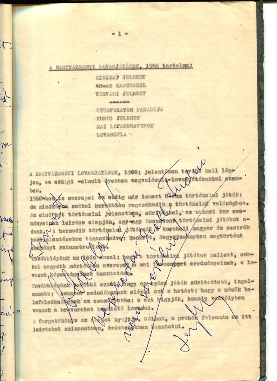 1966. Nagyvázsonyi lovasjátékok forgatókönyve Haranghy Miklós rendező eredeti javításaival + programfüzet