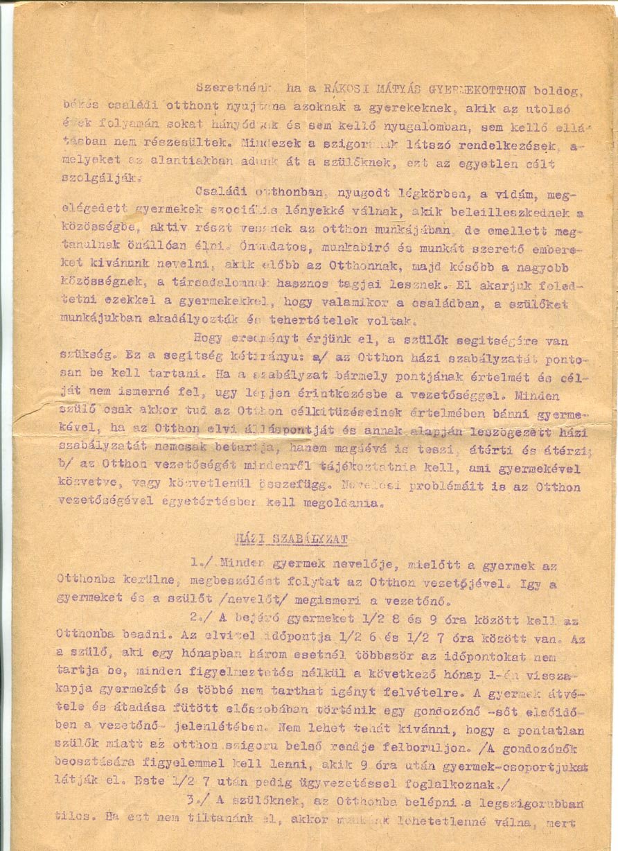 1950 körül. Rákosi Mátyás Gyermekotthon házi szabályzata