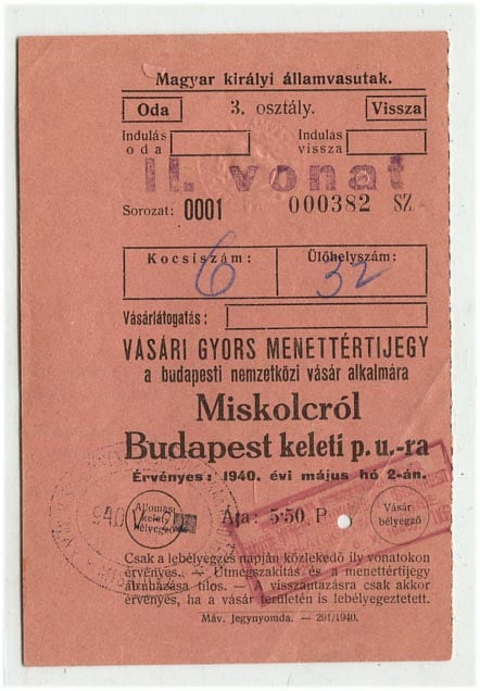 1940. MÁV vásári gyors menetjegy a BNV-re Miskolcról