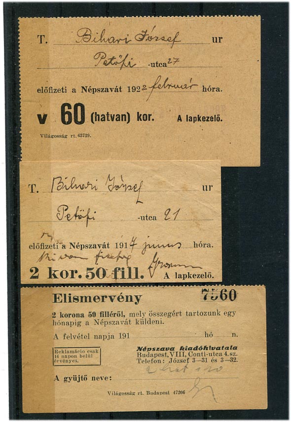 1917-22. 3 db újságelőfizetési nyugta 1-1 hónapra (Népszava)