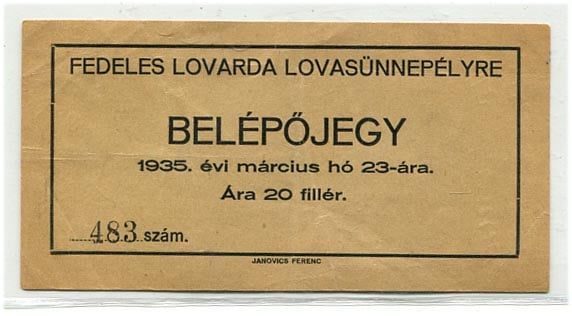 1935. Belépőjegy fedeles lovarda lovasünnepélyre